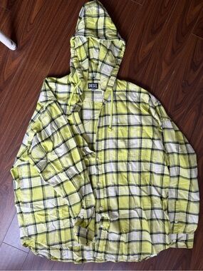Diesel Hooded Plaid Shirt | Lime Green Y2K Flannel | Men’s Button-Up
